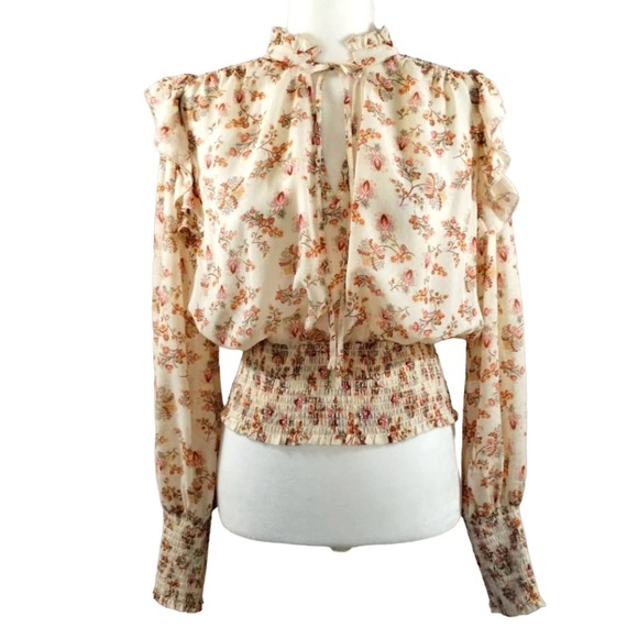 O Forever 21 Cream Wildflower Neck Tie Smocked Cropped Long Sleeve Top NWT M - Picture 2 of 13